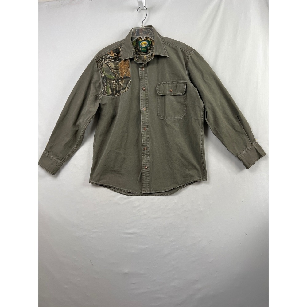 Cabelas Button Down Shirt Mens Medium Regular Olive Green Hunting Camo Patch